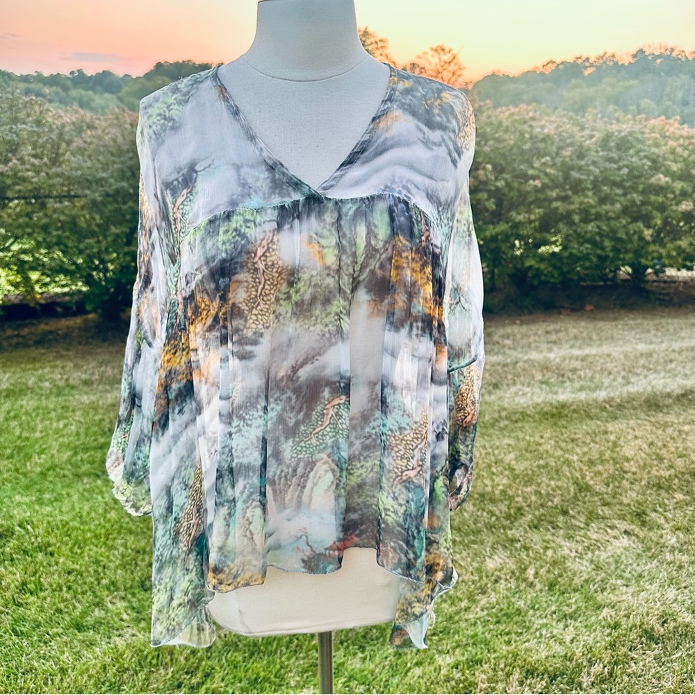 Tempo Paris Sheer Multicolor Watercolor Print Blouse